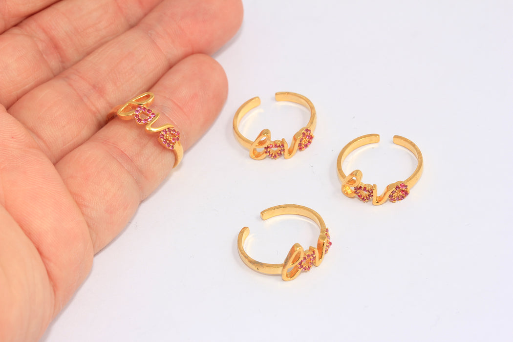 16-17mm 24k Shiny Gold Love Rings, Micro Pave Ruby Stone Love Rings, SLM635