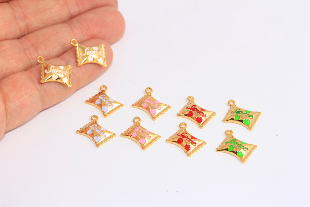 Ciondoli a forma di caramella in oro lucido 24k da 13x15 mm, perline colorate smaltate opzionali,