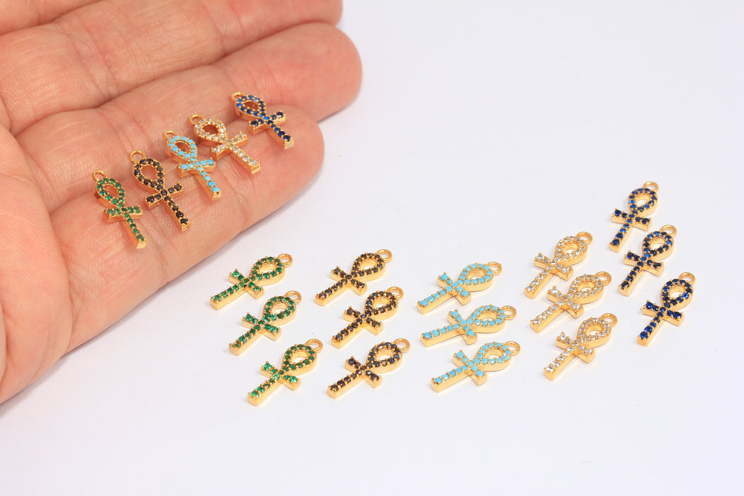 7x17mm 24 ayar Parlak Altın Ankh Charms, CZ İsteğe Bağlı Taş Rengi Ankh Charm,