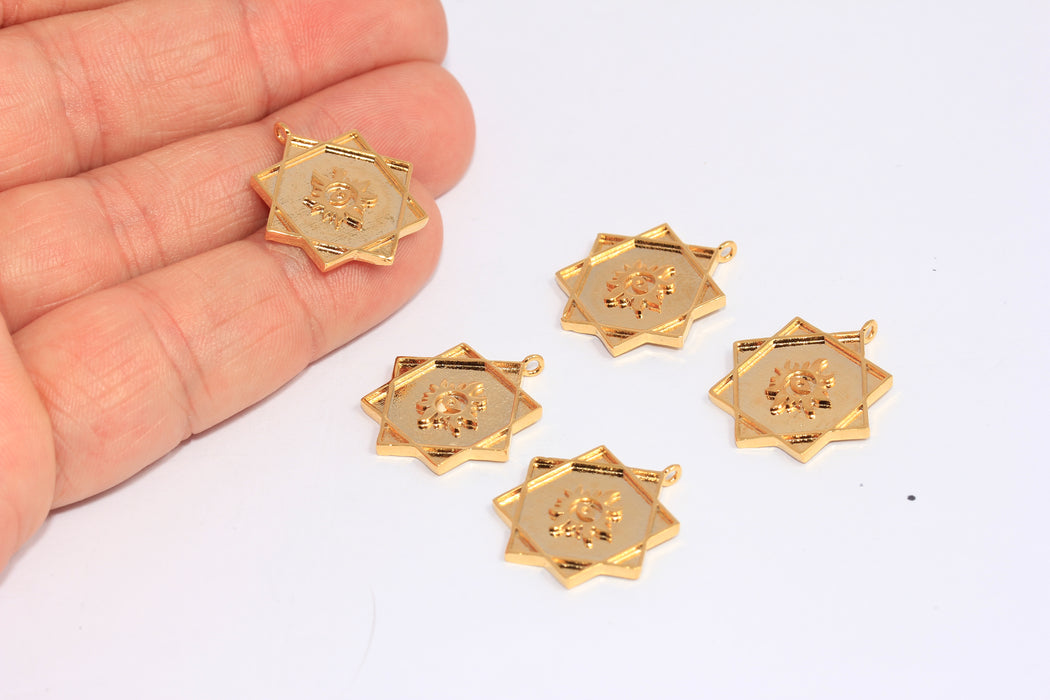 20x23mm 24 Ayar Parlak Altın Güneş Gözü, Kare Güneş Patlaması Madalyon Tılsımları, CHK196-5