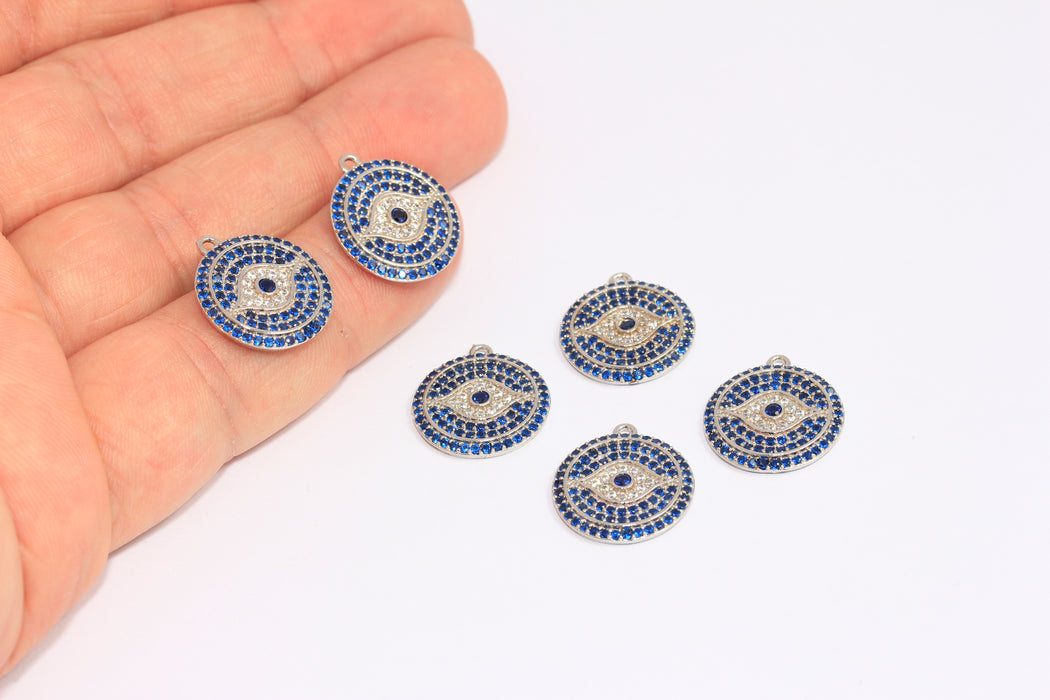 15,5mm Rhodium Plated CZ Evil Eye, Micro Pave Evil Eye Charms, CHK229-8A