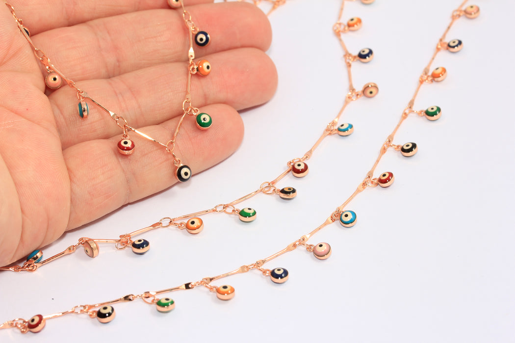 4,5mm Rose Gold Evil Eye Drop Chain, Evil Eye Beaded Chain, BXB174