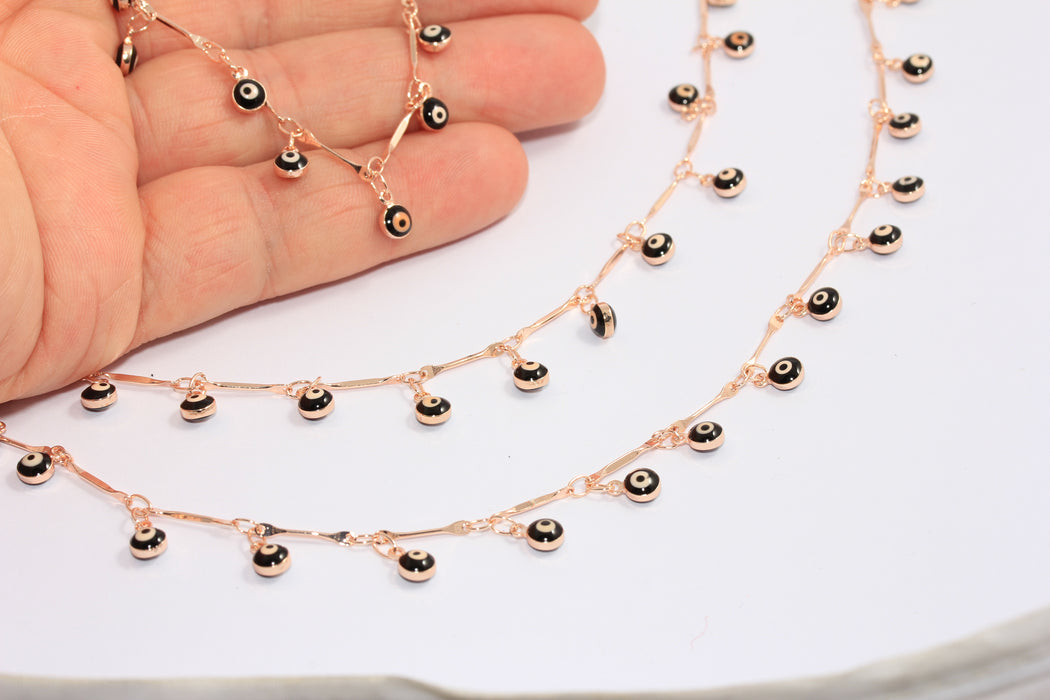 4,5mm Rose Gold Evil Eye Drop Chain, Black Evil Eye Beaded Chain, BXB178