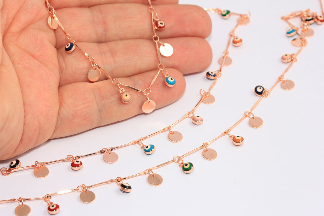 6mm Rose Gold Evil Eye Beaded Chain, Disc Coin Chain, BXB172-2
