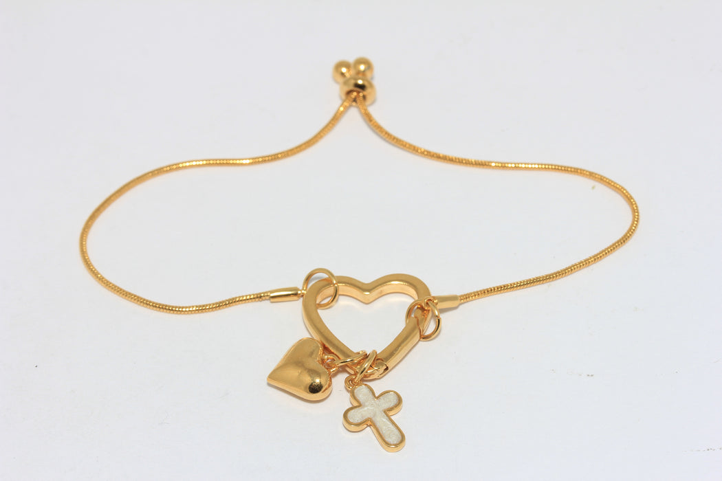 8" 24k Shiny Gold Heart Bracelet, Heart Clasp Bracelet, Adjustable Bracelet With Charms, Cross Charm Bracelet, SLM853
