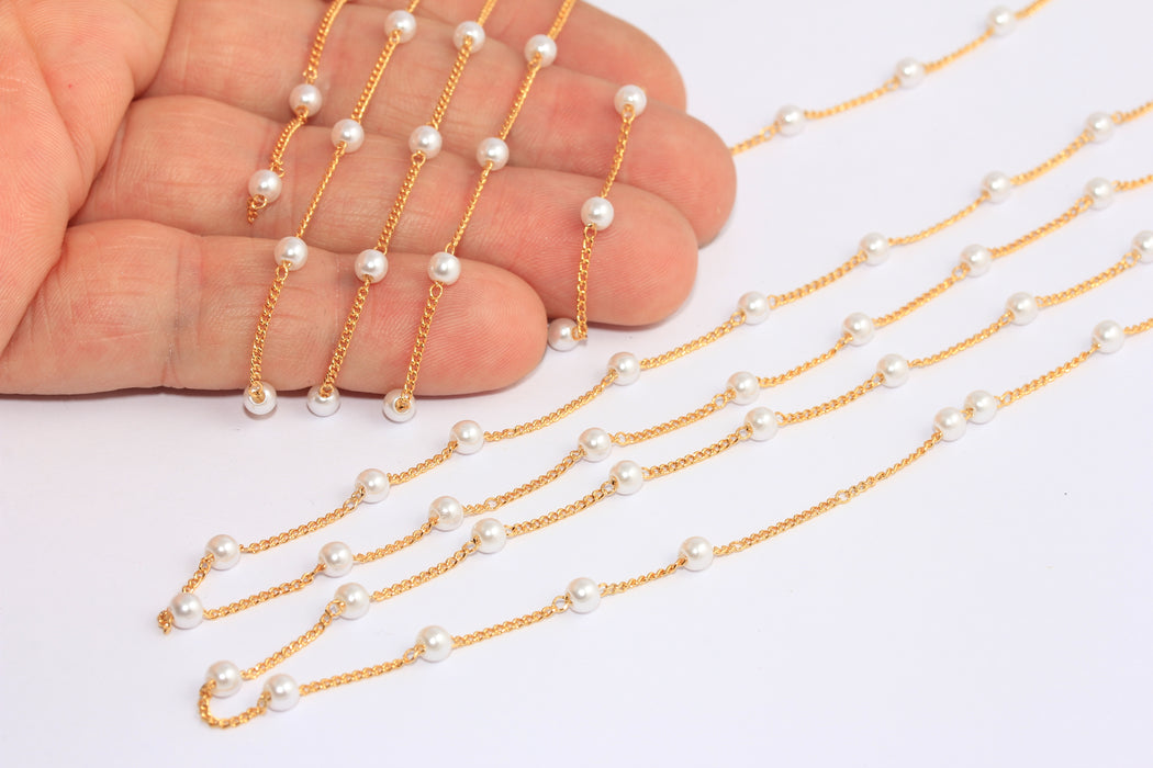 4mm 24k Shiny Gold Chain With White Pearls, Pearl Beaded Chains, BXB152