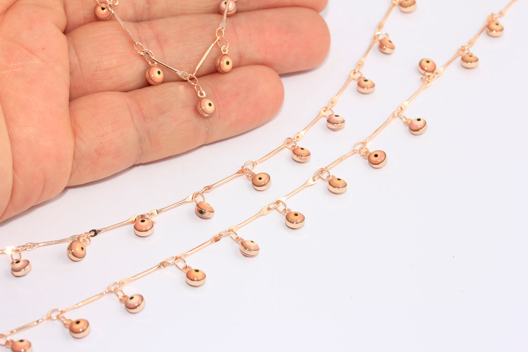 4,5mm Rose Gold Evil Eye Drop Chain, Beige Evil Eye Beaded Chain, BXB182