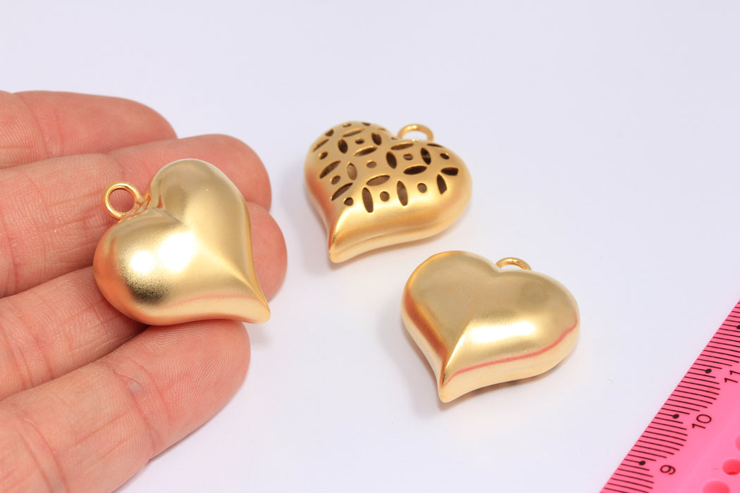 Ciondoli a forma di cuore gonfio in oro opaco 24k da 25x28 mm, ciondolo a forma di cuore cavo, CHK262-2