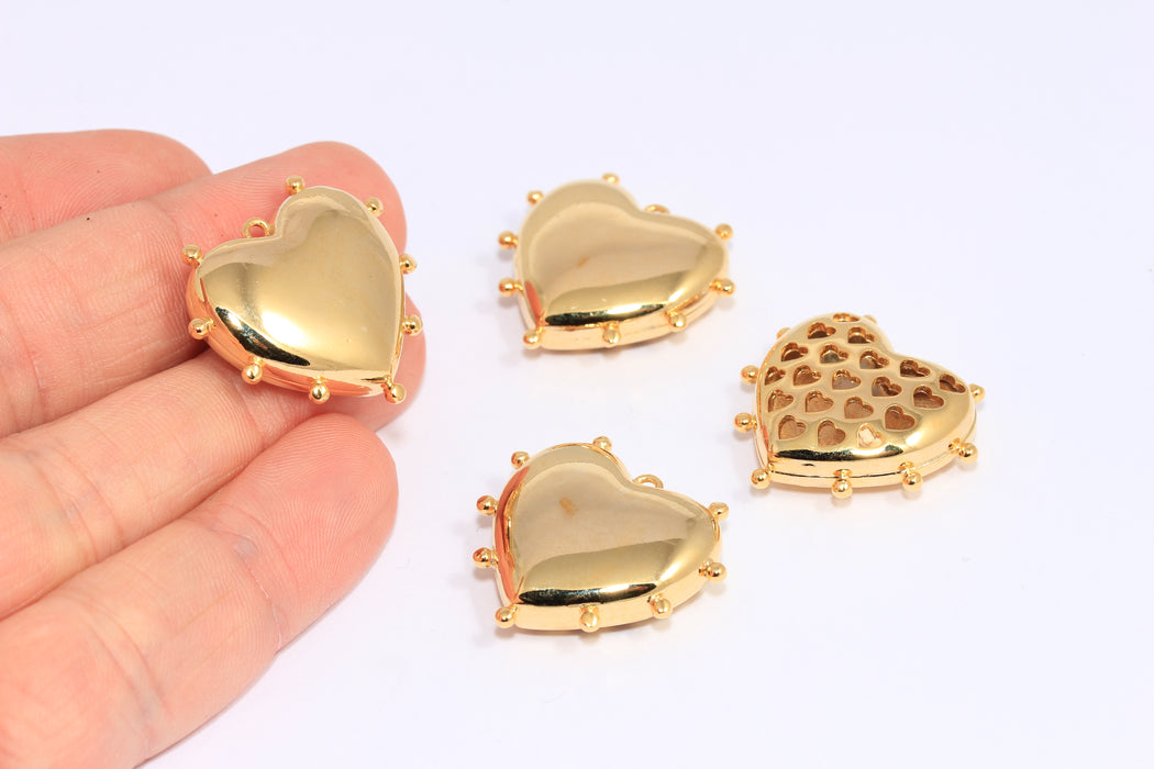 25x28mm 24k Shiny Gold Heart Puffed Charms, Hollow Heart Pendant, CHK429-5