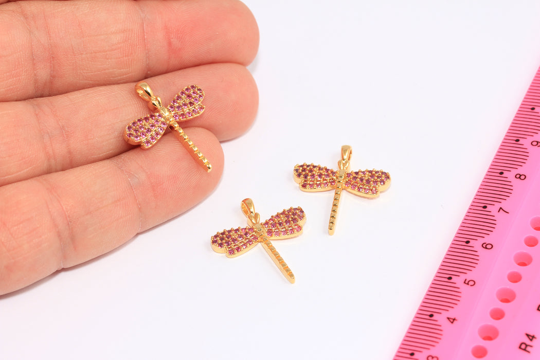 Ciondoli a forma di libellula in oro lucido 24k da 20 mm, micro pavé, CHK347-3