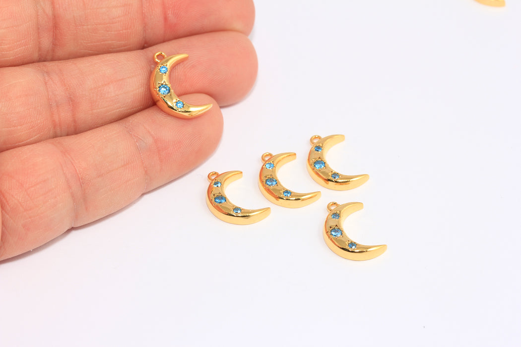 11x16mm 24 Ayar Parlak Altın Ay Takıları, CZ Mavi Taş Renkli Ay Boncukları, CHK347-6C