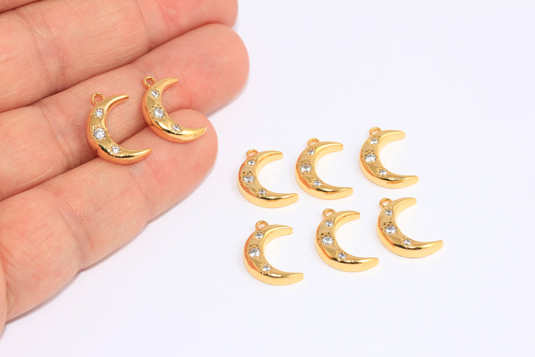 11x16mm 24 Ayar Parlak Altın Ay Takıları, CZ Beyaz Taş Renkli Ay Boncukları, CHK347-8B
