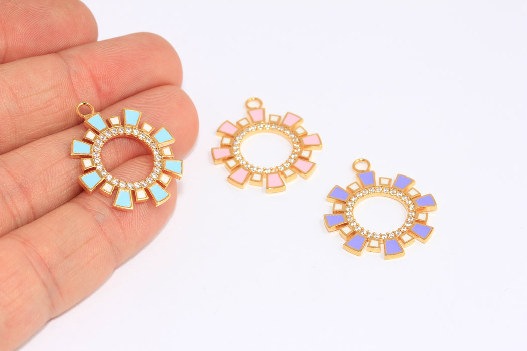 Ciondoli a forma di sole in oro lucido 24k da 24 mm, ciondoli a forma di sole con micro pavé, sole smaltato, BRT838