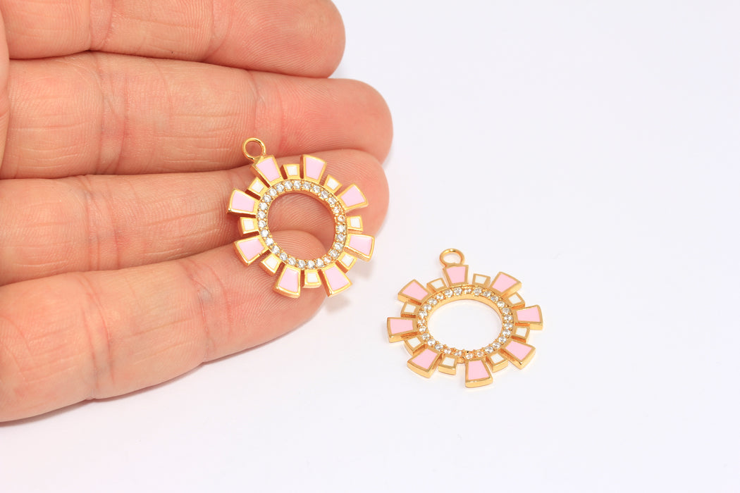 Ciondoli a forma di sole in oro lucido 24k, ciondoli a forma di sole con micro pavé, sole in smalto rosa, BRT838-A