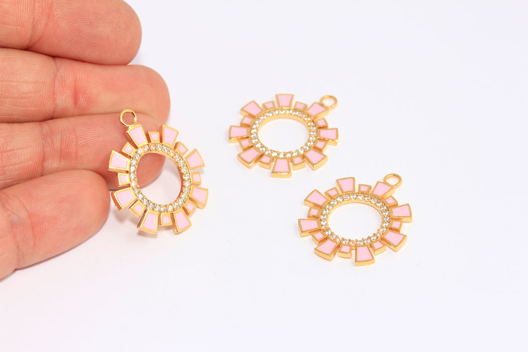 Ciondoli a forma di sole in oro lucido 24k da 24 mm, ciondoli a forma di sole con micro pavé, sole in smalto rosa, BRT844-A
