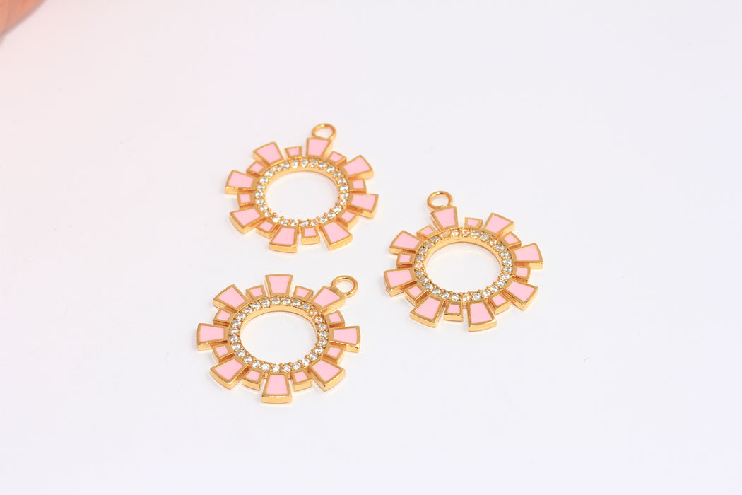 24mm 24k Shiny Gold Sun Charms, Micro Pave Sun Charms, Pink Enamel Sun, BRT844-A