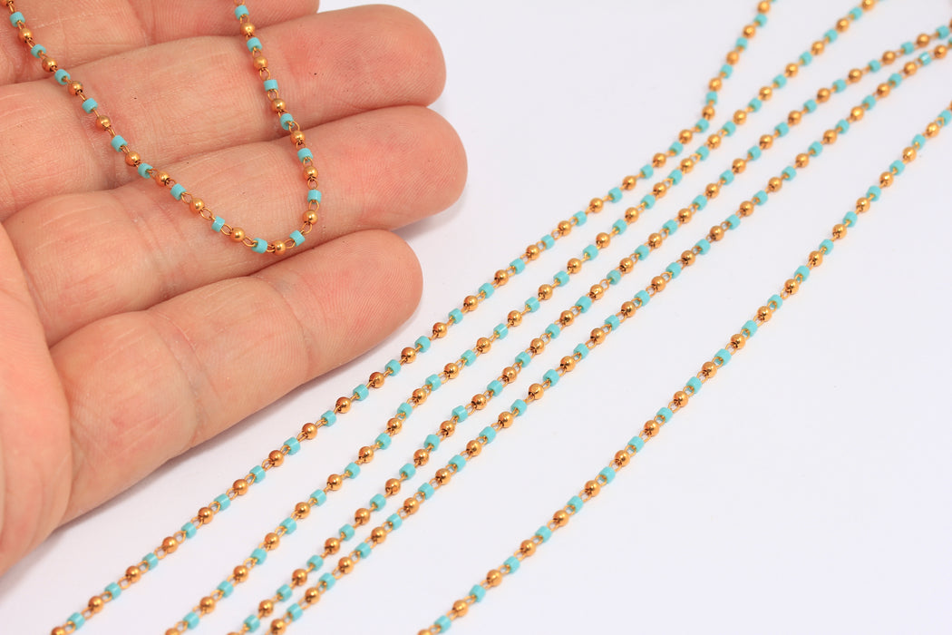 2mm 24k Shiny Gold Turquoise Beaded Chains, Gold Ball Chain, BXB325