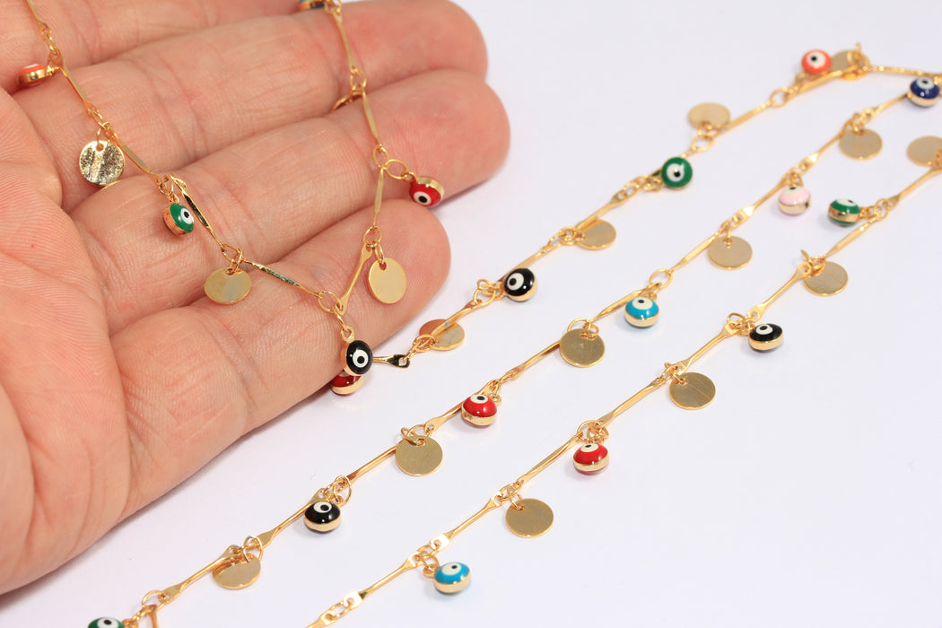 mm 24k Shiny Gold Evil Eye Drop Chain, Gold Coin Chain, BXB220