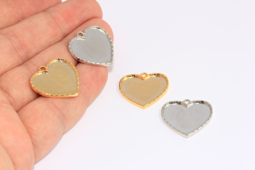 21x22mm 24k Shiny Gold Or Rhodium Plated Heart Charms, Heart Cabochon Settings, BXB387-6