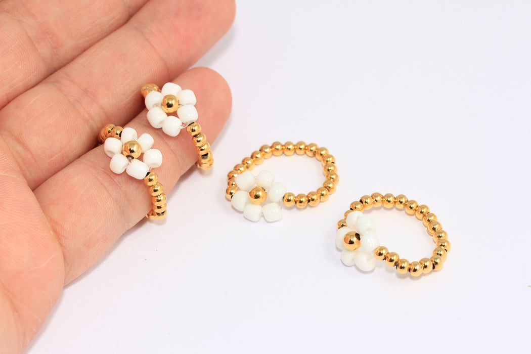 24k Shiny Gold Beaded Flower Rings, White Flower Beaded Ring, BXB81-1