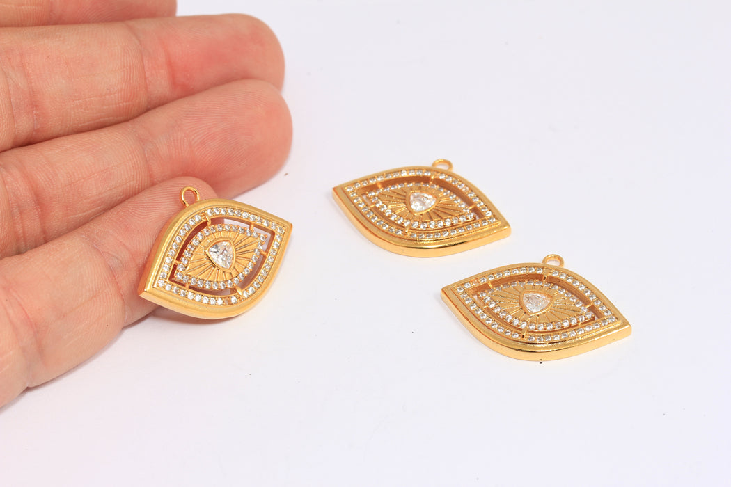 18x29mm 24 Ayar Parlak Altın CZ Göz Takısı, Mikro Taşlı Göz Kolyesi, BXB81-7