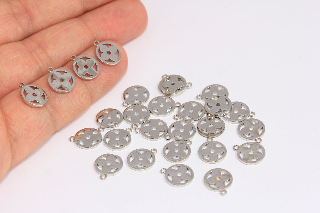 9,5mm Rhodium Plated Flower Charms, Cute Flower Coin Beads, BXB387-4