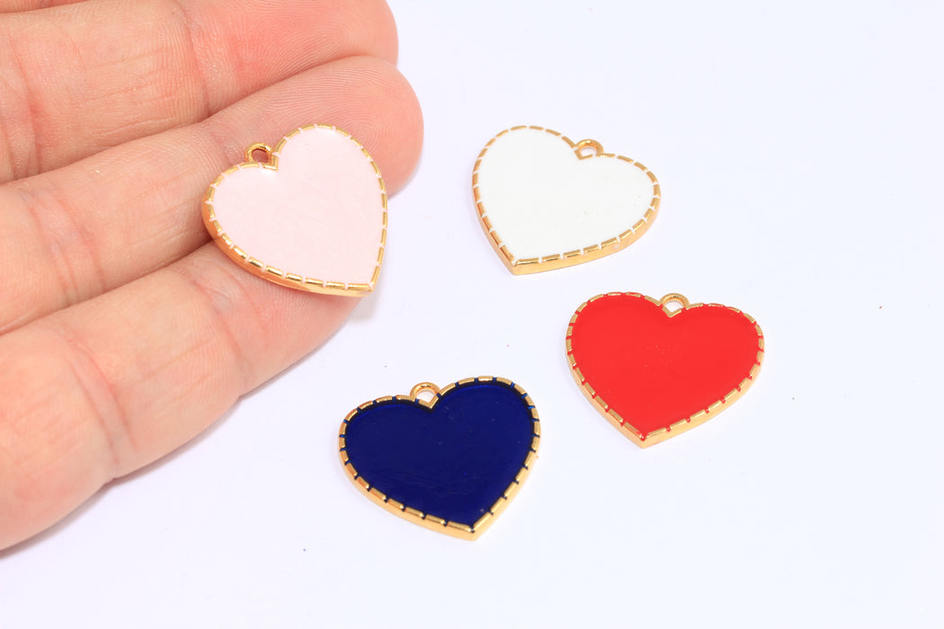 22mm 24k Shiny Gold Heart Charms, Enamel Heart Disc Medallion, BXB154-8