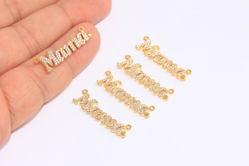 5x28mm 24 ayar Parlak Altın CZ Mama Charm, Mikro Döşemeli Anne Charmları, BXB307-4
