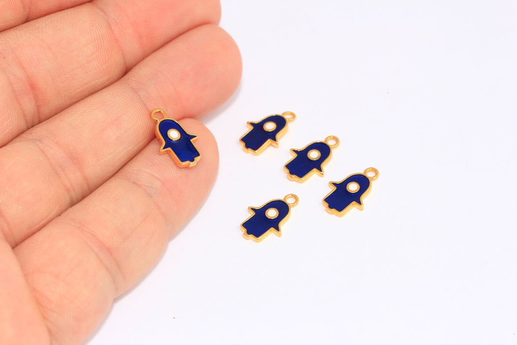 9x11mm 24 ayar Parlak Altın Fatima Eli, Mavi Mine Nazarlık Hamsa Tılsımları, BXB286-7