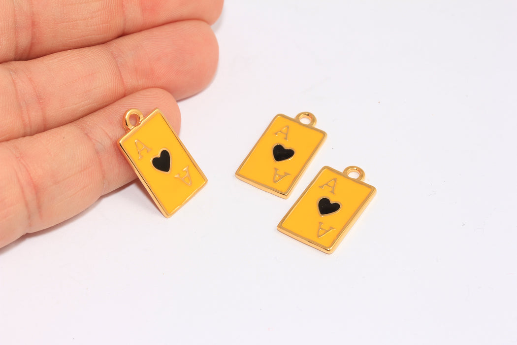 12x19mm 24k Shiny Gold Poker Player Charms, Yellow Enamel Heart Poker Charm, BXB286-6