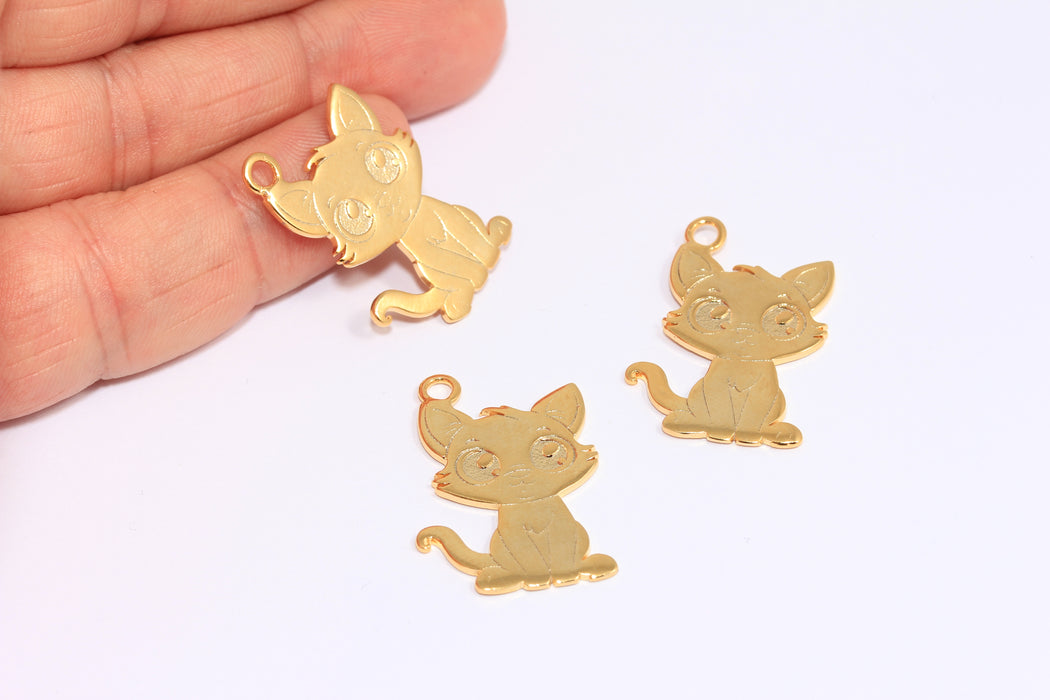 17x24mm 24k Shiny Gold Cat Pendant, Cute Cat Charms, ETS168