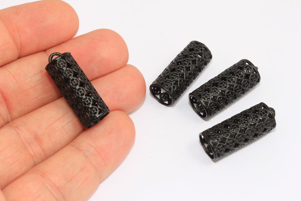 10x25 mm Mat Siyah Kaplamalı Püsküllü Şapka, Filigran Uç Kapakları, ETS23