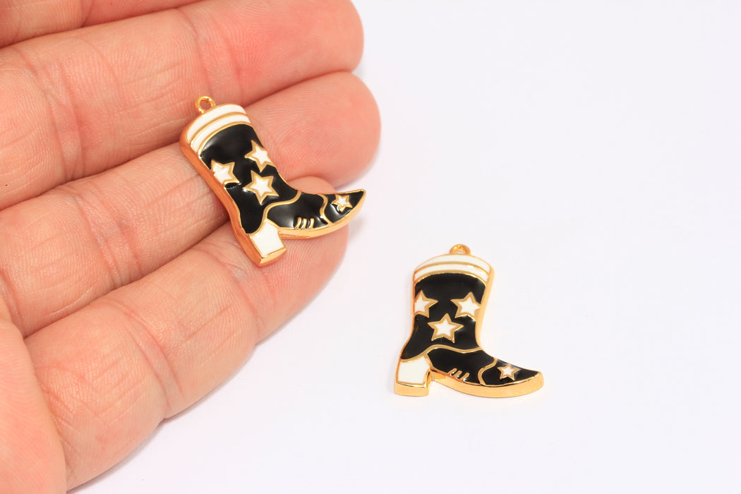 20x24mm 24k Shiny Gold Boot Charms, Black Enamel Cowboy Boot Pendant, ETS140-2