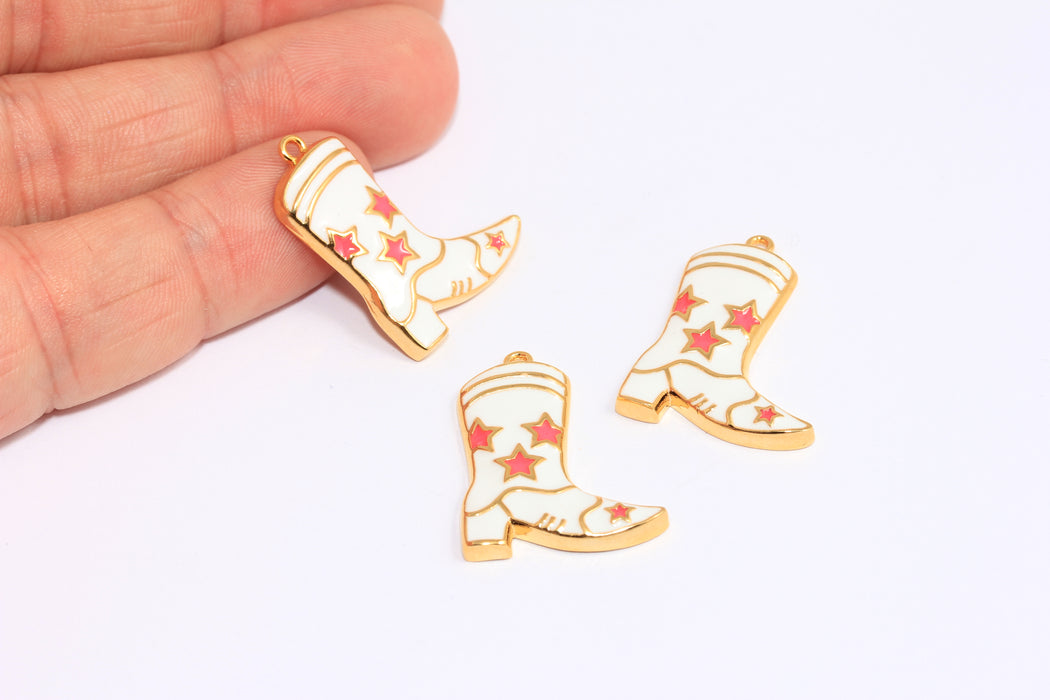 20x24mm 24k Shiny Gold Boot Charms,White Enamel Cowboy Boot Pendant, ETS133-1
