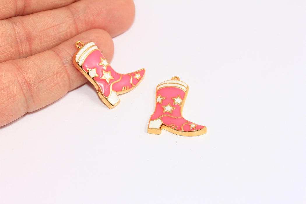 20x24mm 24k Shiny Gold Boot Charms, Pink Enamel Cowboy Boot Pendant, ETS133-2