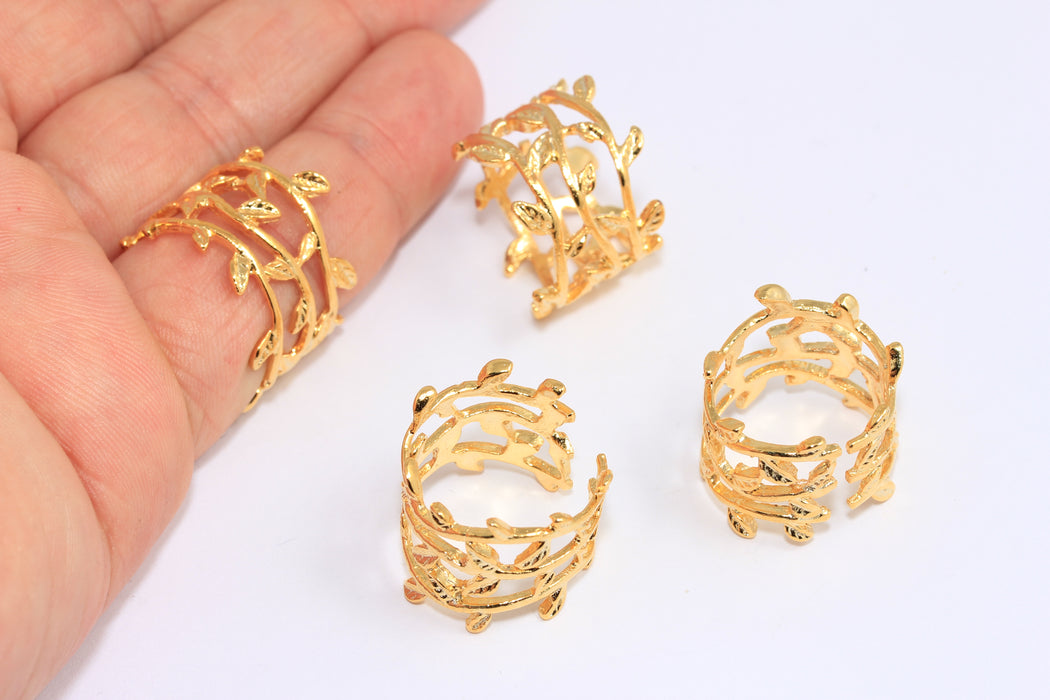 18mm 24k Shiny Gold Flower Rings, Triple Wire Laurel Rings, BXB300-3