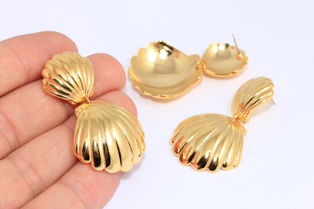 21x51mm 24k Shiny Gold Shell Earrings, Long Drop Double Shell Earrings, BXB318-1