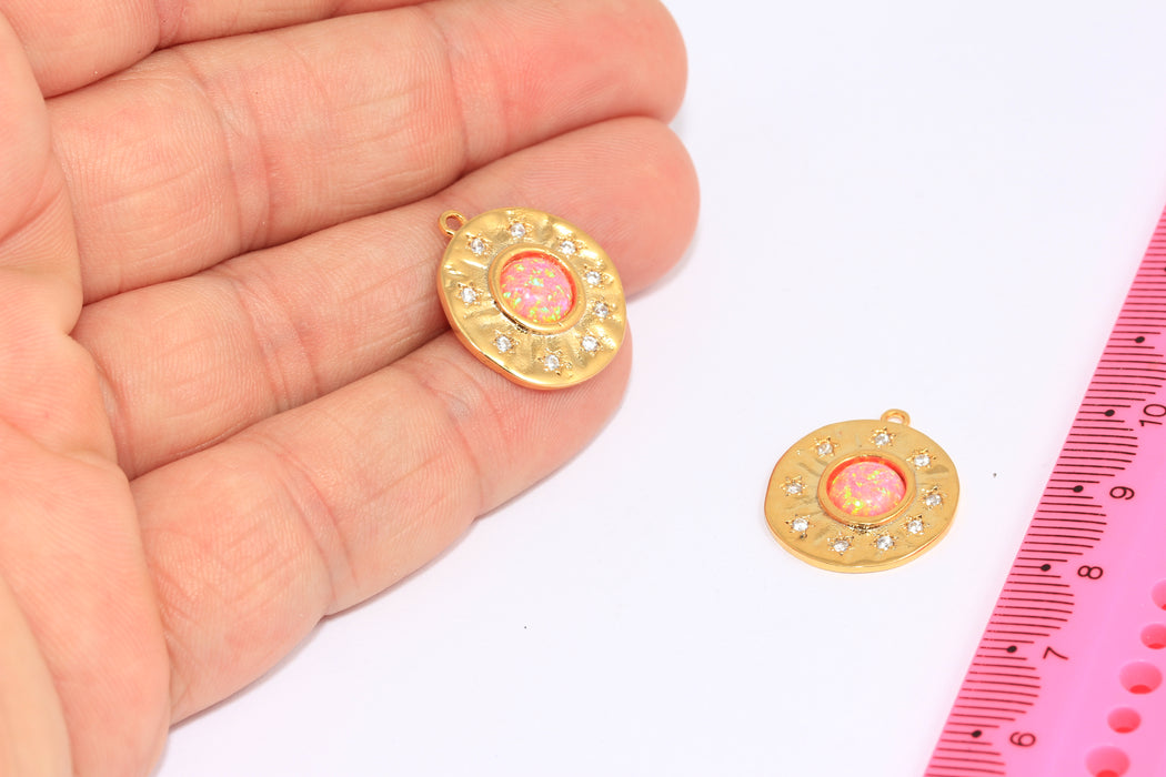 18mm 24k Shiny Gold CZ Star Medallion, Micro Pave Pink Stone Color Pendant, BXB318-8C