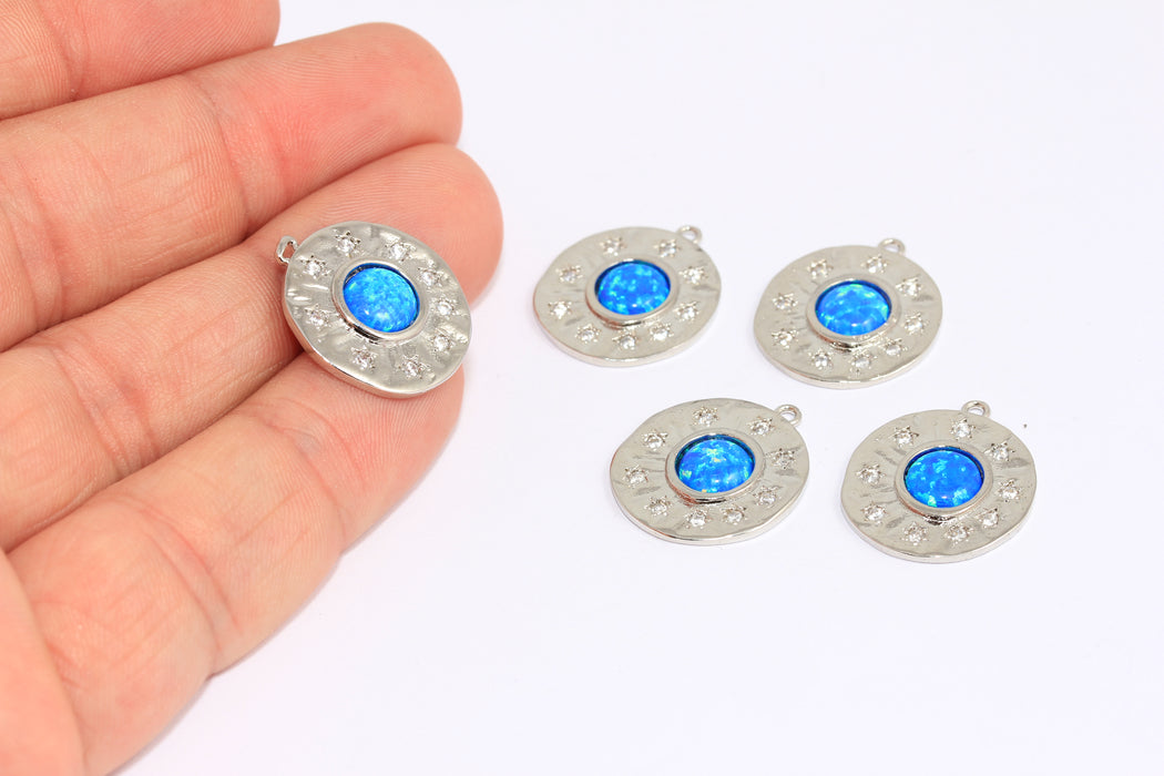 18 mm Rodyum Kaplamalı CZ Yıldız Madalyon, Mikro Döşeme Gök Mavisi Taşlı Kolye, BXB318-2