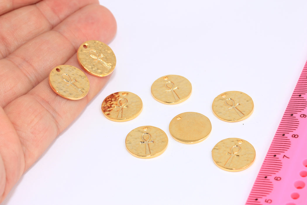 15mm 24k Shiny Gold Ankh Charms, Ankh Hammered Coin Beads, BXB318-3