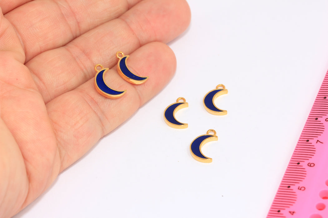 8x14mm 24k Shiny Gold Moon Charms, Navy Blue Enamel Crescent Moon Beads, BXB335-2