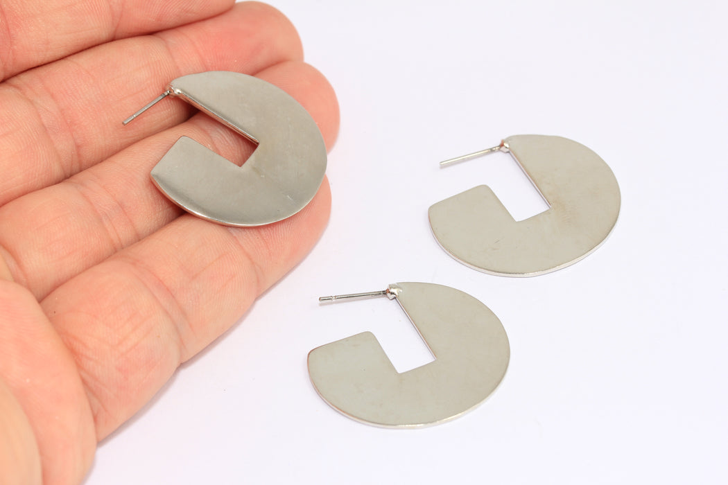 Disc Earrings, Flat Moon Shape Hoops