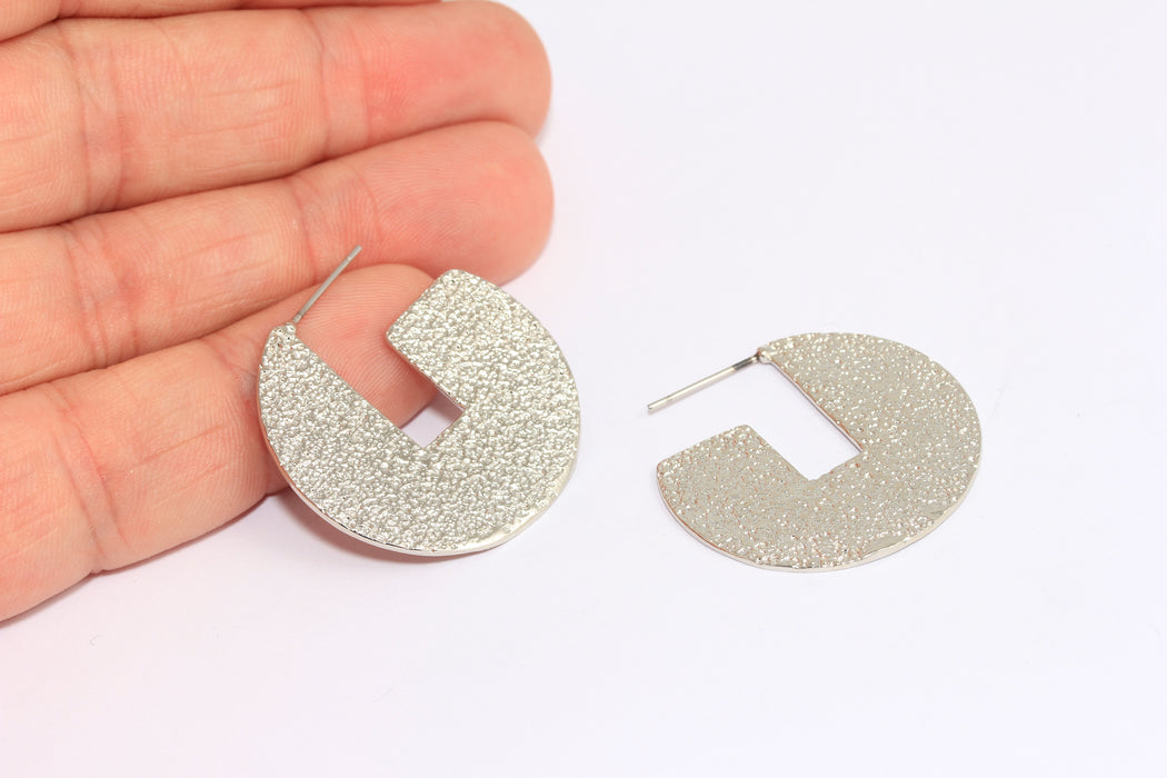 Disc Earrings, Flat Hammered Moon Shape Hoops,