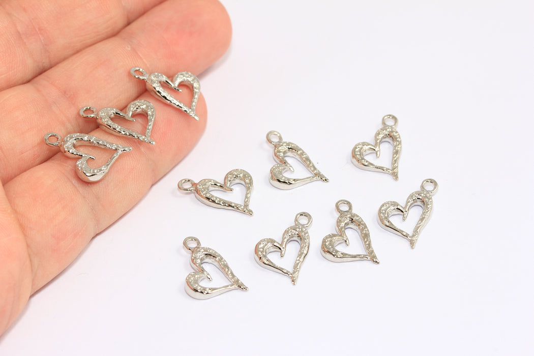 10x14 mm Rodyum Kaplama Kalp Kolye, Çekiçle İşlenmiş Anahatlı Kalp Tılsımı, CHK315-8