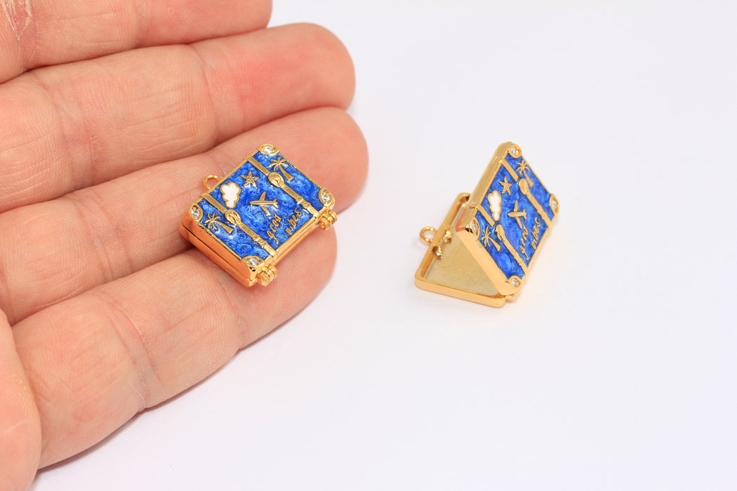 23mm 4k Shiny Gold CZ Travel Bag Charms, Blue Enamel Suitcase Beads, CHK315-4