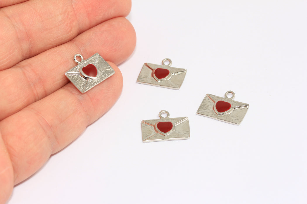 9x16mm Rodyum Kaplama Zarf Harf Takıları, Kırmızı Kalpli Zarf Kolye, CHK315-1
