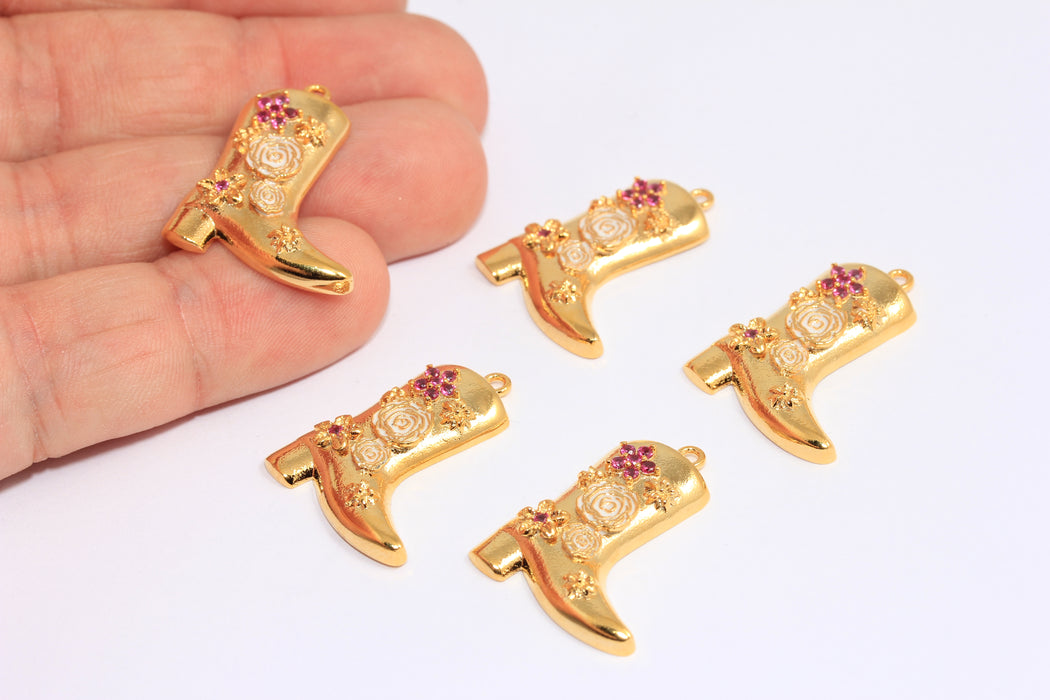 20x24 mm 24 Ayar Parlak Altın CZ Bot Takıları, Pembe Emaye Çiçekli Kovboy Botu, BXB6-4