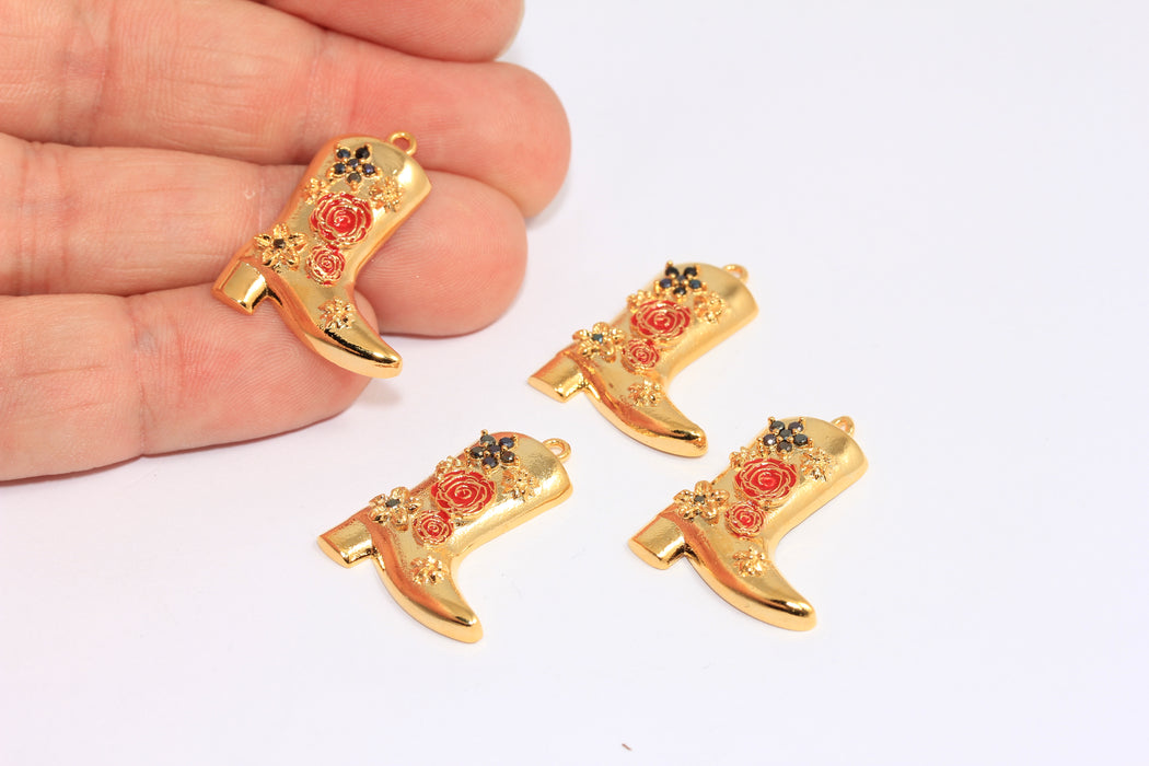 20x24 mm 24 Ayar Parlak Altın CZ Bot Takıları, Pembe Emaye Çiçekli Kovboy Botu, BXB6-5