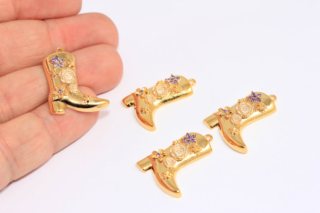 20x24mm 24k Shiny Gold CZ Boot Charms, Cowboy Boot With Pink Enamel Flowers, BXB6-3
