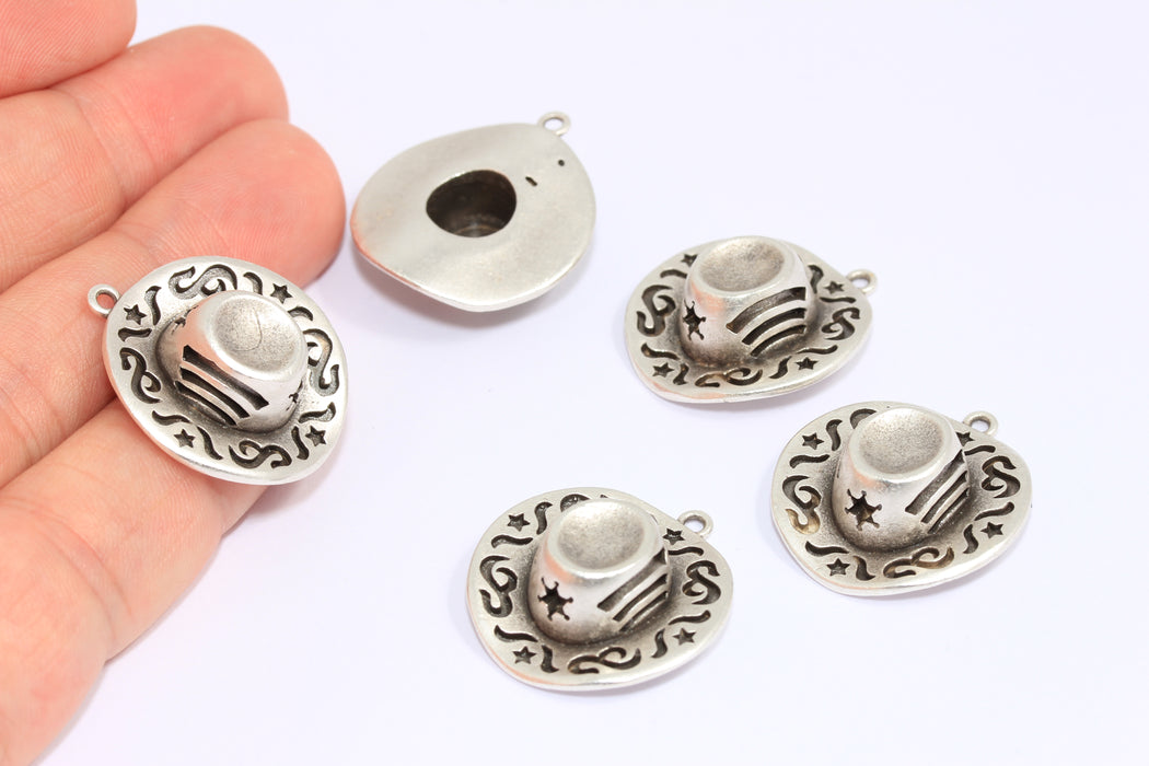 24x25 mm Antik Gümüş Kovboy Takıları, Gümüş Kovboy Şapka Takıları, ETS119
